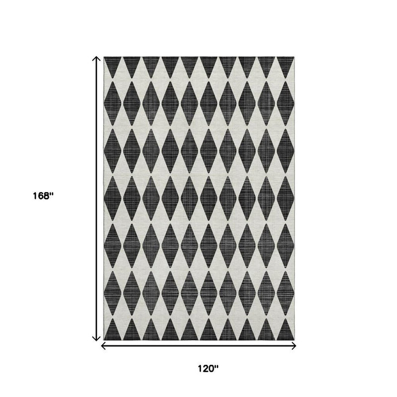 10' X 14' Black And Ivory Diamond Washable Area Rug With UV Protection