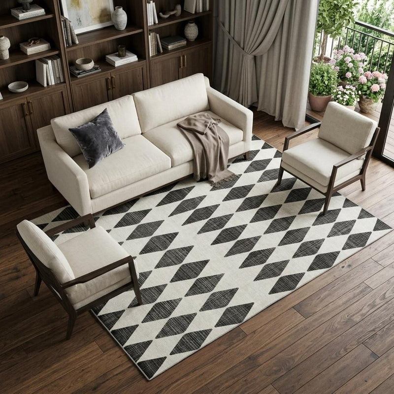 10' X 14' Black And Ivory Diamond Washable Area Rug With UV Protection