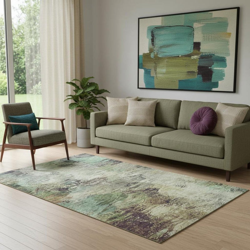 3' X 5' Beige Teal And Olive Green Abstract Washable Area Rug With UV Protection