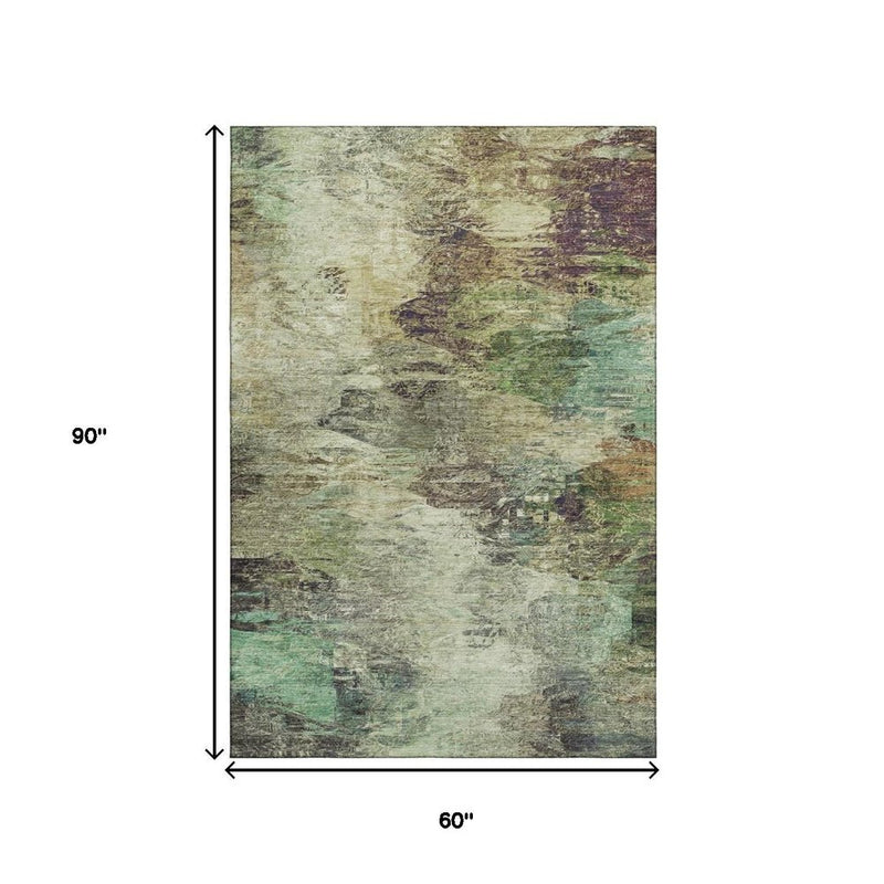 3' X 5' Beige Teal And Olive Green Abstract Washable Area Rug With UV Protection