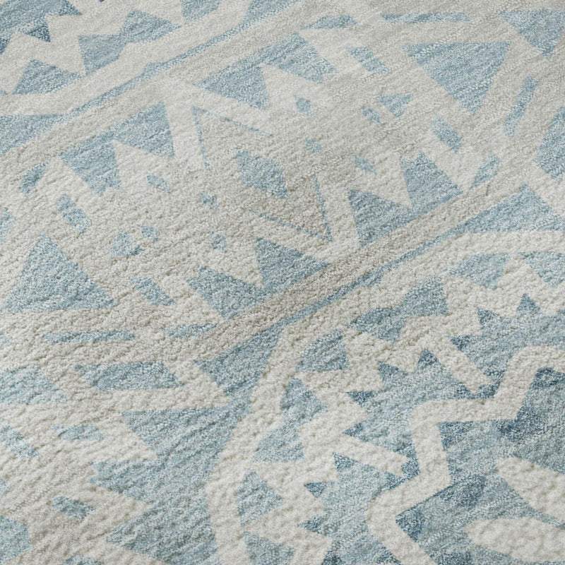 10' X 14' Denim Blue And Ivory Geometric Washable Area Rug With UV Protection