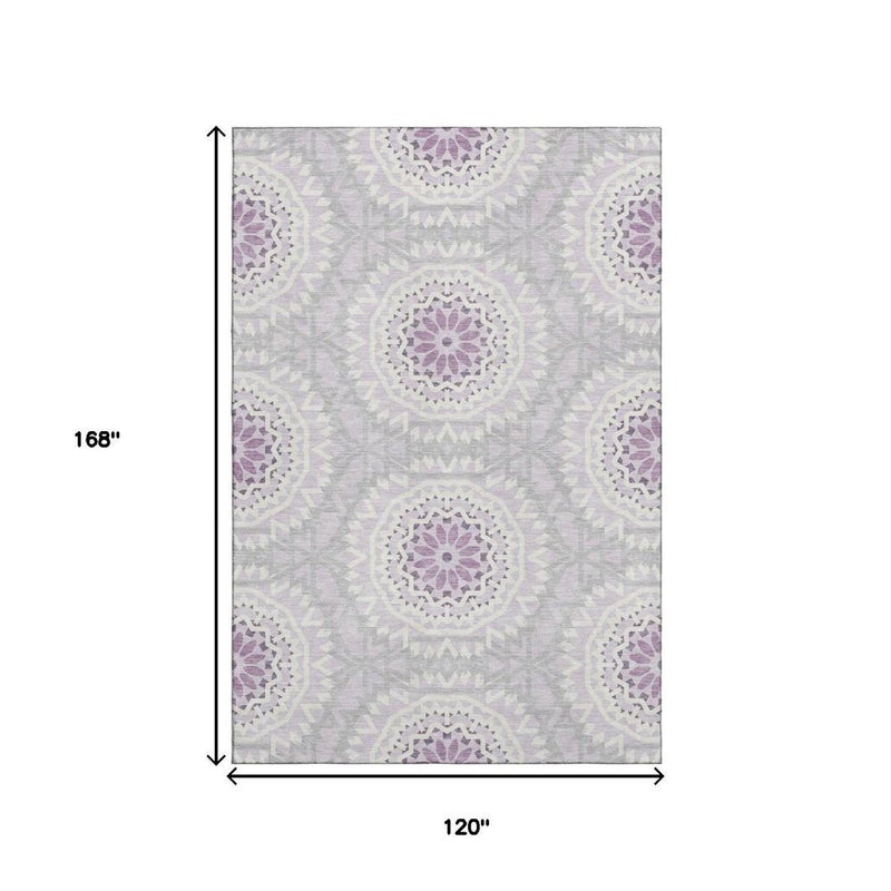 10' X 14' Lilac And Ivory Geometric Washable Area Rug With UV Protection