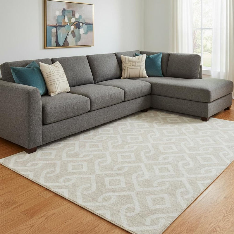 9' X 12' Beige And Ivory Geometric Washable Area Rug With UV Protection