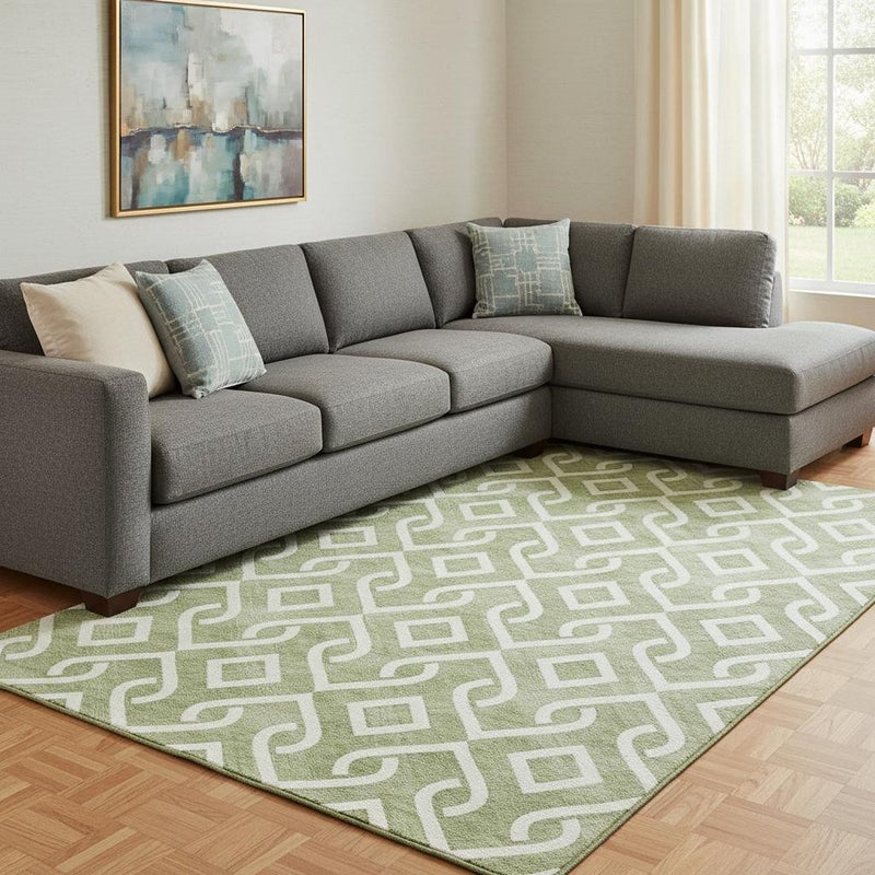 9' X 12' Green And Ivory Geometric Washable Area Rug With UV Protection