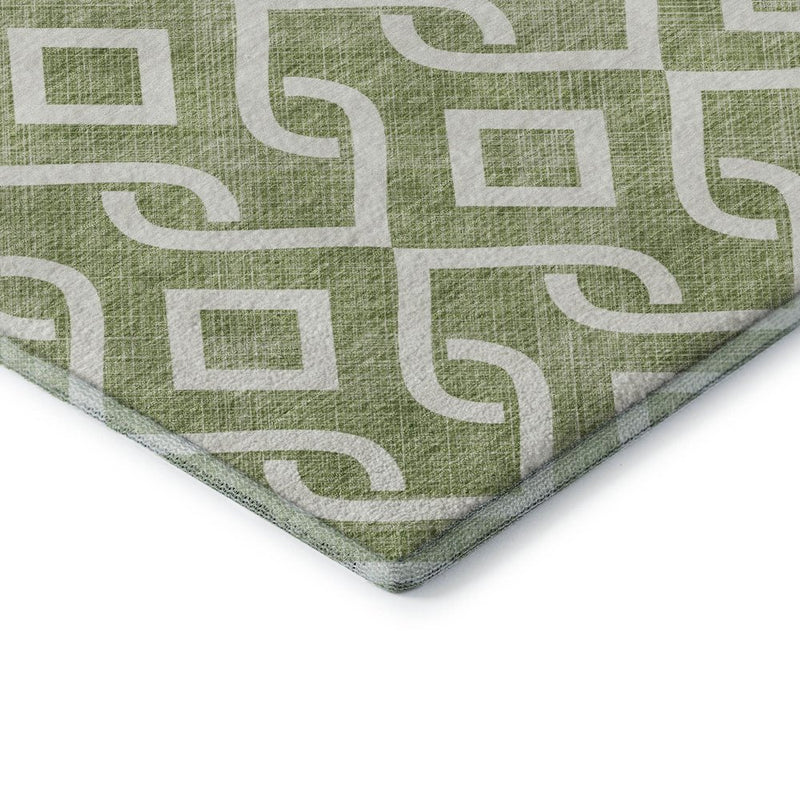 9' X 12' Green And Ivory Geometric Washable Area Rug With UV Protection