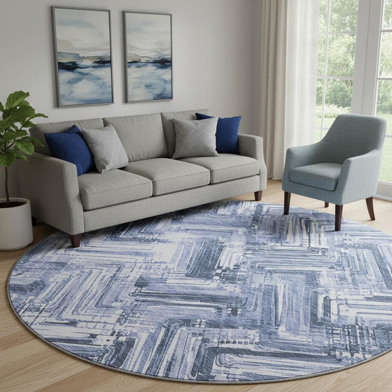 8' Blue And Ivory Chevron Washable Round Rug With UV Protection