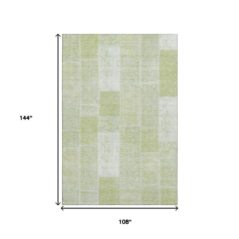 9' X 12' Artichoke Green And Ivory Patchwork Washable Area Rug With UV Protection