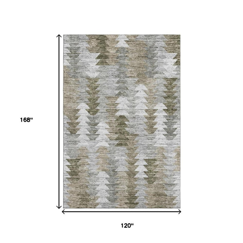 10' X 14' Brown Ivory And Gray Geometric Washable Area Rug With UV Protection
