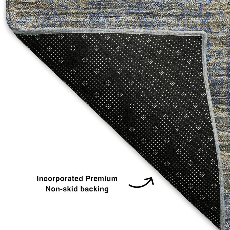 9' X 12' Khaki And Blue Floral Washable Area Rug With UV Protection