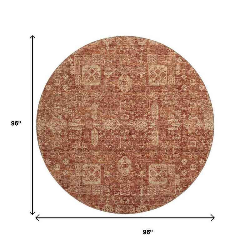 8' Chili Red And Copper Floral Washable Round Rug With UV Protection