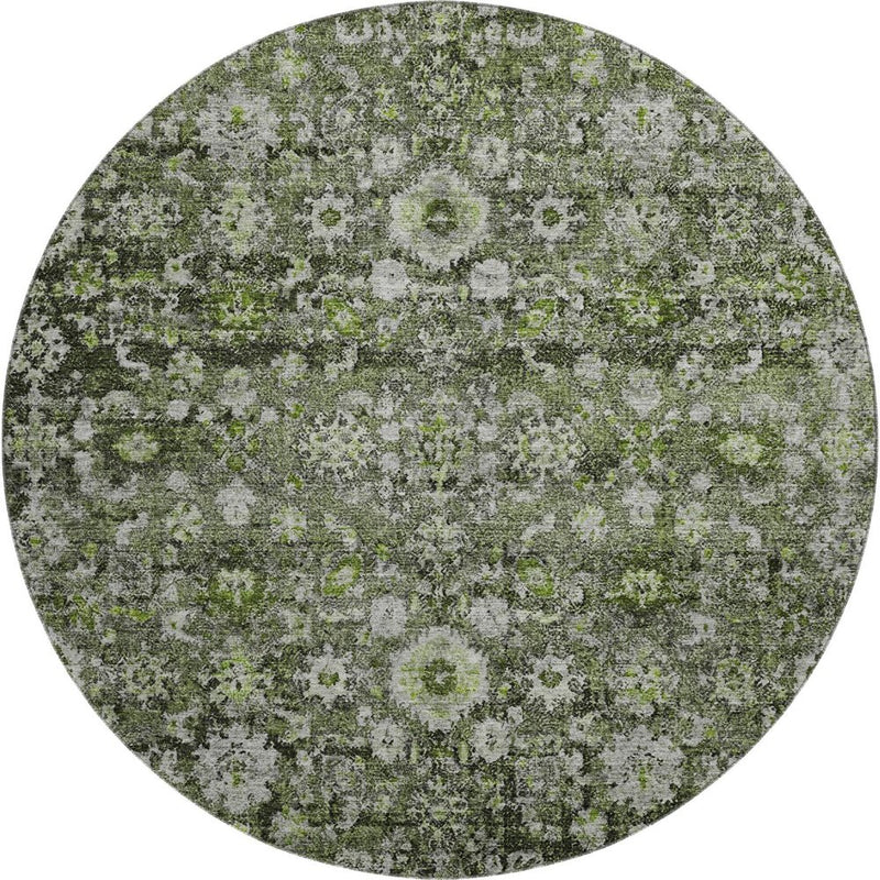 8' Green Ivory And Gray Oriental Washable Round Rug With UV Protection
