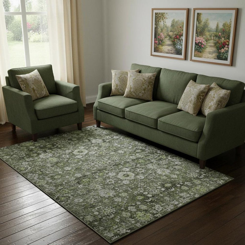 10' X 14' Green Ivory And Gray Oriental Washable Area Rug With UV Protection