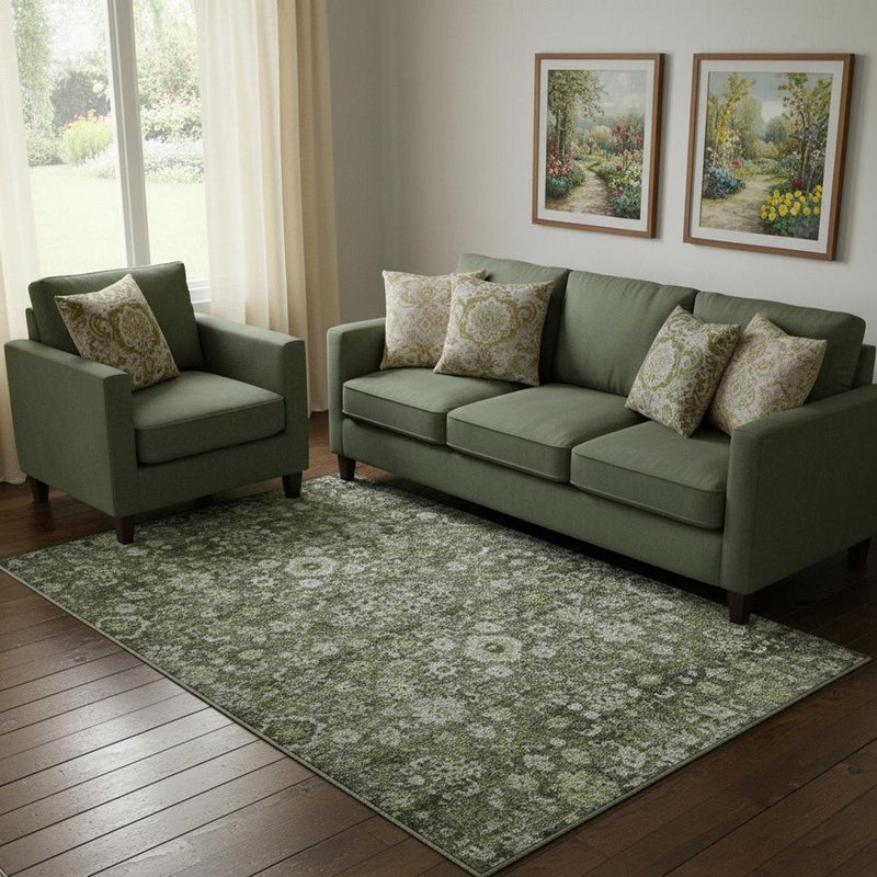 10' X 14' Green Ivory And Gray Oriental Washable Area Rug With UV Protection