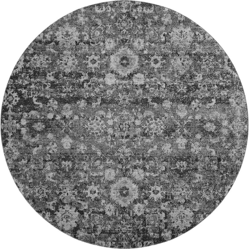 8' Gray And Ivory Oriental Washable Round Rug With UV Protection
