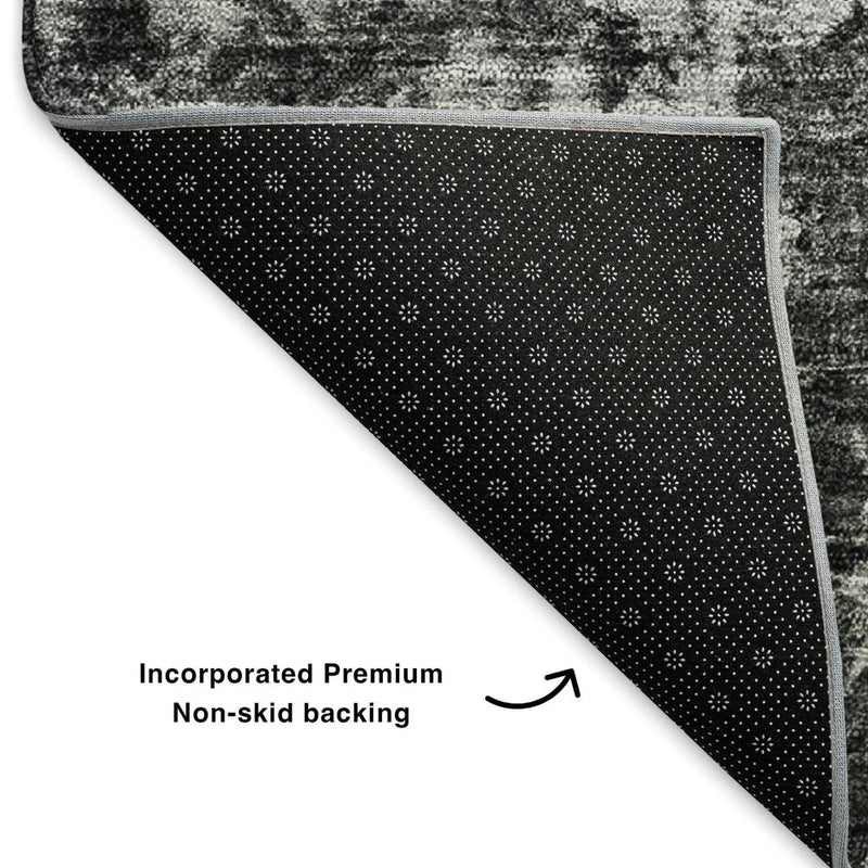 8' Gray And Ivory Oriental Washable Round Rug With UV Protection