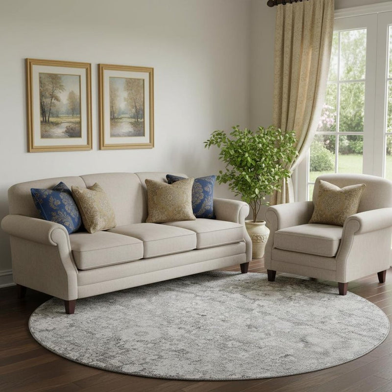 8' Silver And Gray Oriental Washable Round Rug With UV Protection