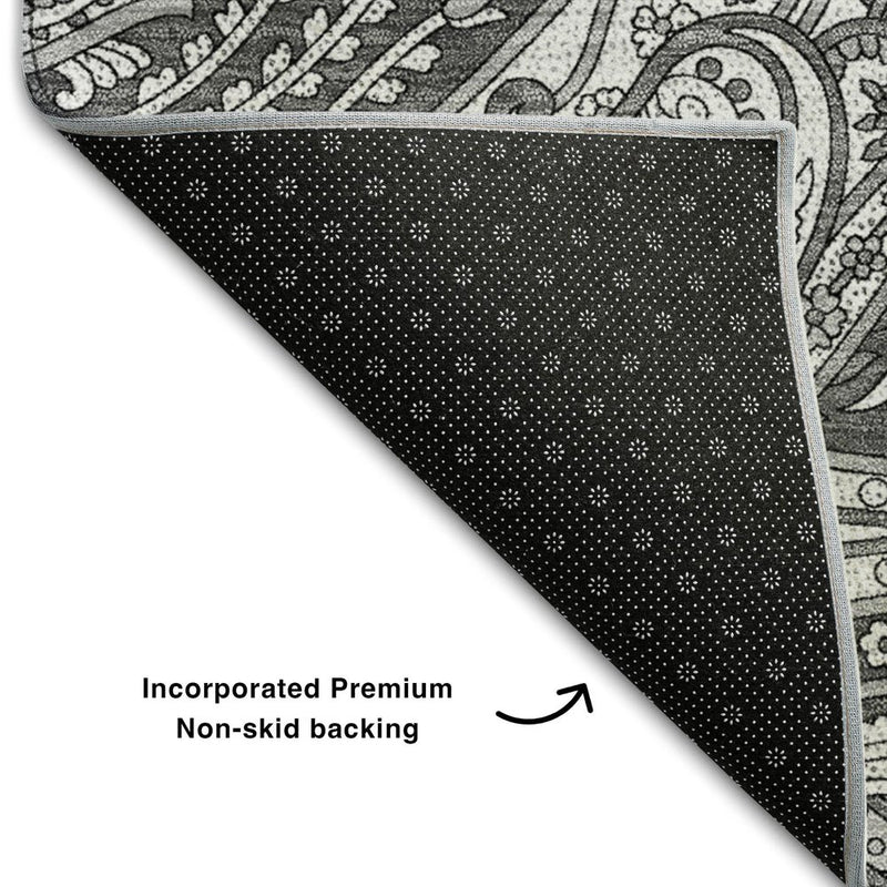 3' X 5' Gray And Ivory Paisley Washable Area Rug With UV Protection