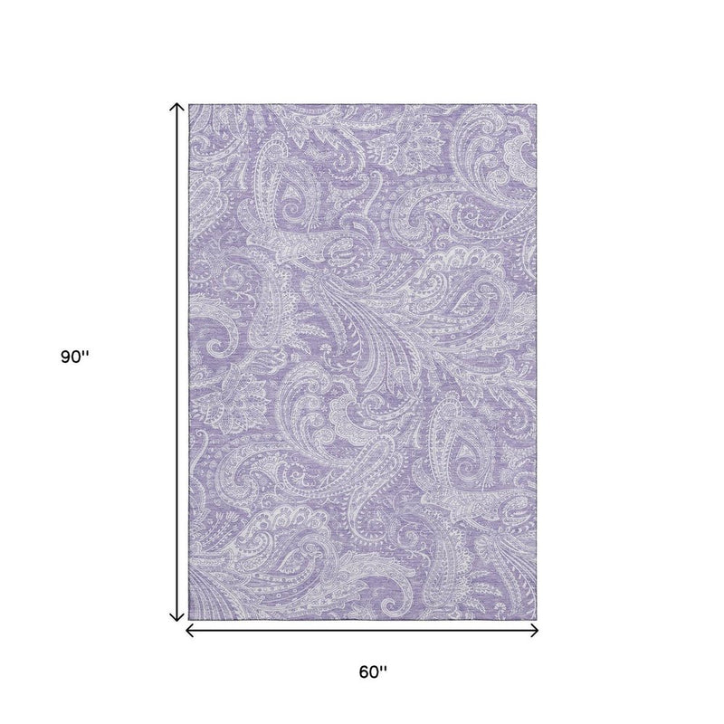 3' X 5' Lavender And Ivory Paisley Washable Area Rug With UV Protection