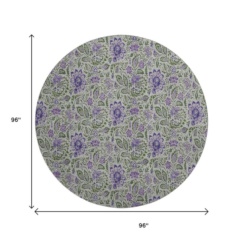 8' Olive Green And Purple Floral Washable Round Rug With UV Protection