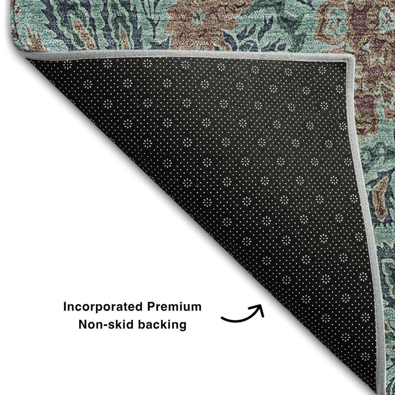 5' X 8' Teal And Brown Floral Washable Area Rug With UV Protection