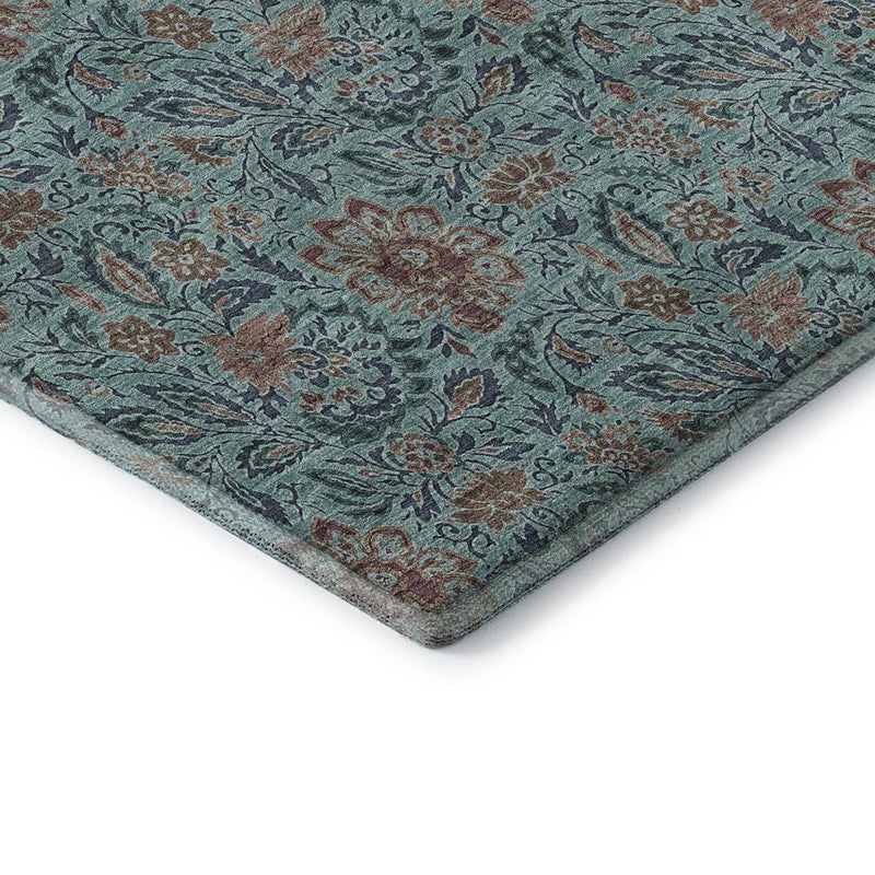 5' X 8' Teal And Brown Floral Washable Area Rug With UV Protection