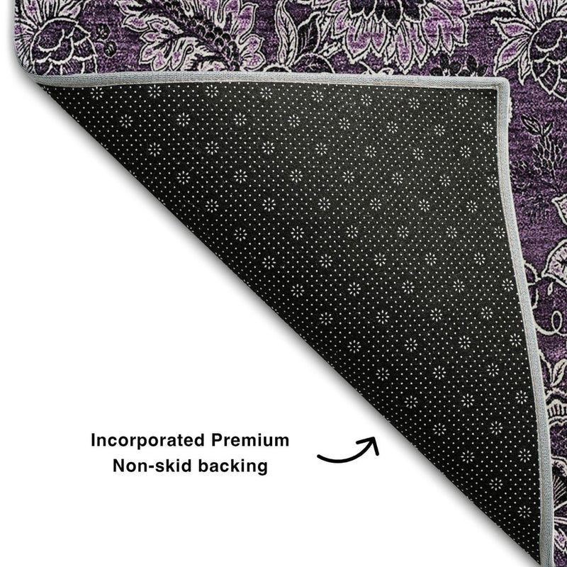 5' X 8' Eggplant And Gray Floral Washable Area Rug With UV Protection