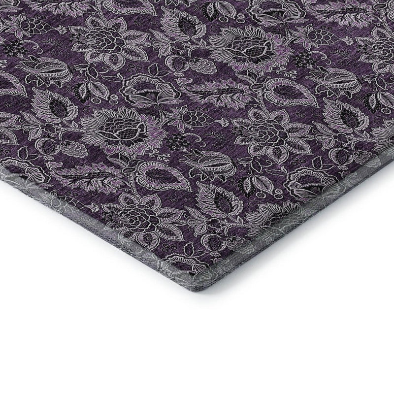 5' X 8' Eggplant And Gray Floral Washable Area Rug With UV Protection