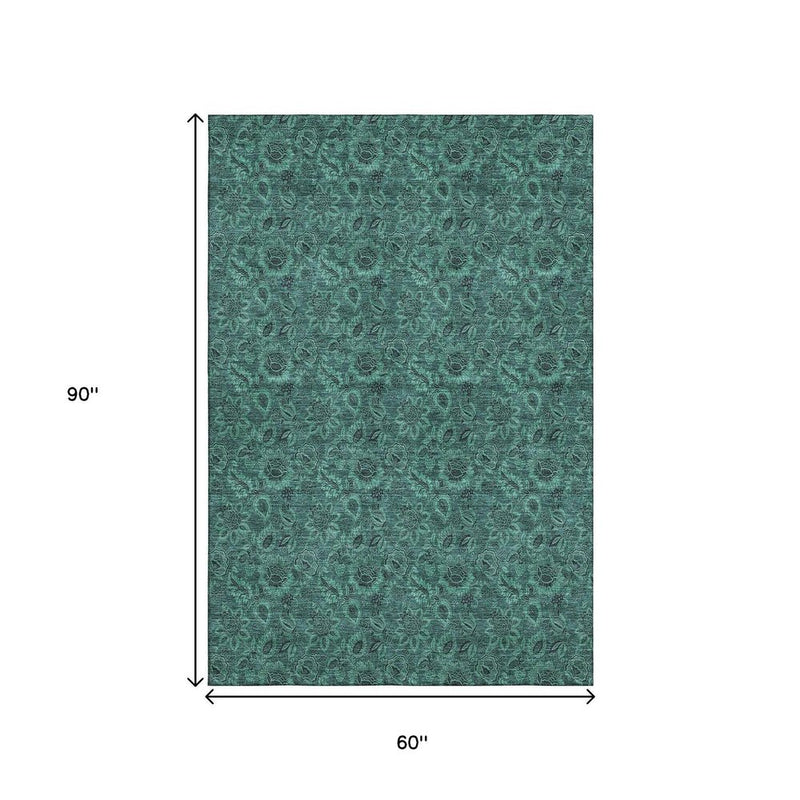 5' X 8' Teal And Charcoal Floral Washable Area Rug With UV Protection