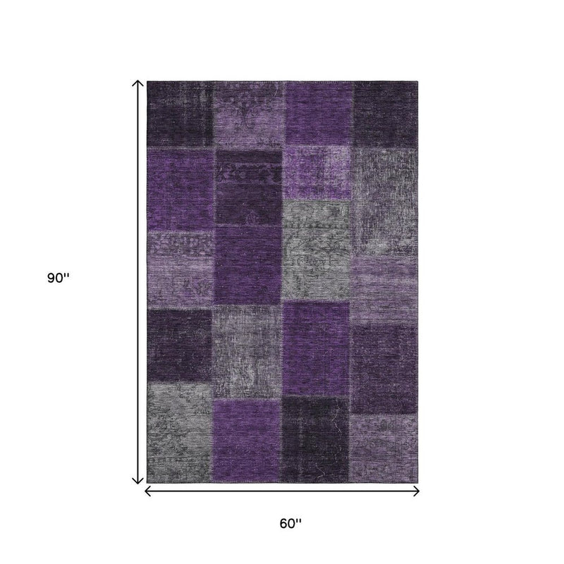 5' X 8' Eggplant Gray And Purple Patchwork Washable Area Rug With UV Protection