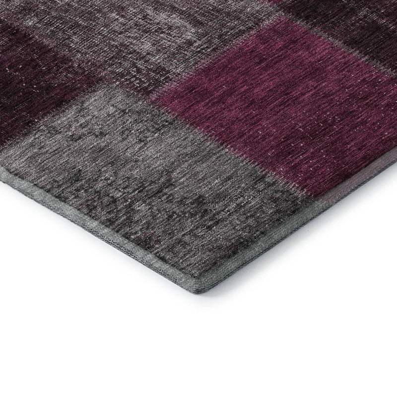 8' Merlot Gray And Burgundy Patchwork Washable Round Rug With UV Protection