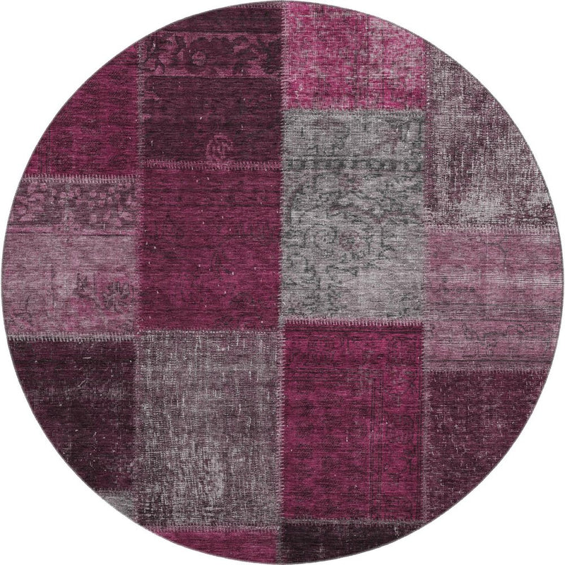 8' Merlot Gray And Burgundy Patchwork Washable Round Rug With UV Protection
