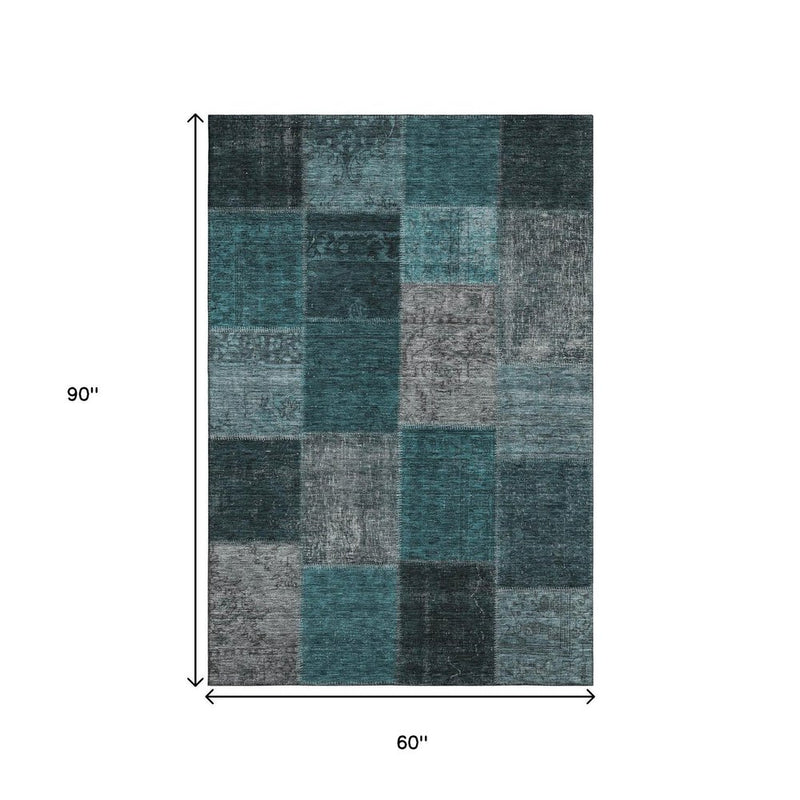5' X 8' Teal And Gray Patchwork Washable Area Rug With UV Protection