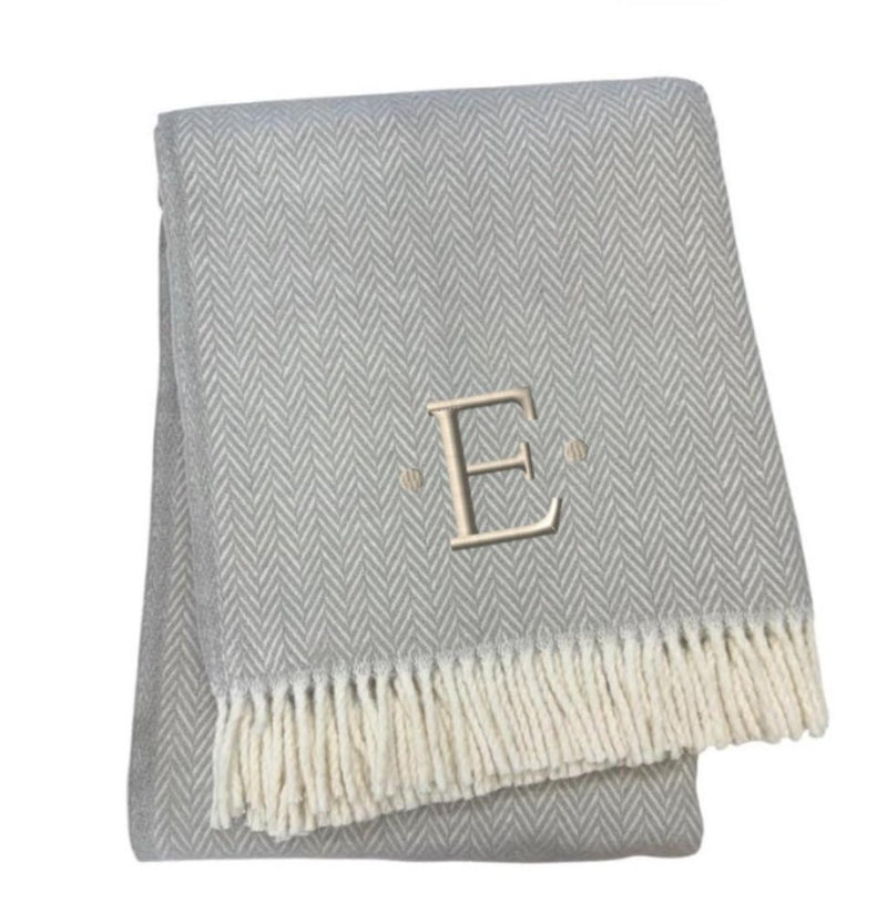 55" X 70" Gray And White Herringbone Cotton Blend A Initial Throw Blanket with Tassels And Embroidery