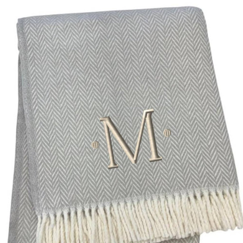 55" X 70" Gray And White Herringbone Cotton Blend A Initial Throw Blanket with Tassels And Embroidery