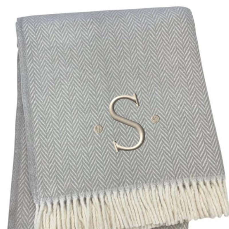 55" X 70" Gray And White Herringbone Cotton Blend A Initial Throw Blanket with Tassels And Embroidery