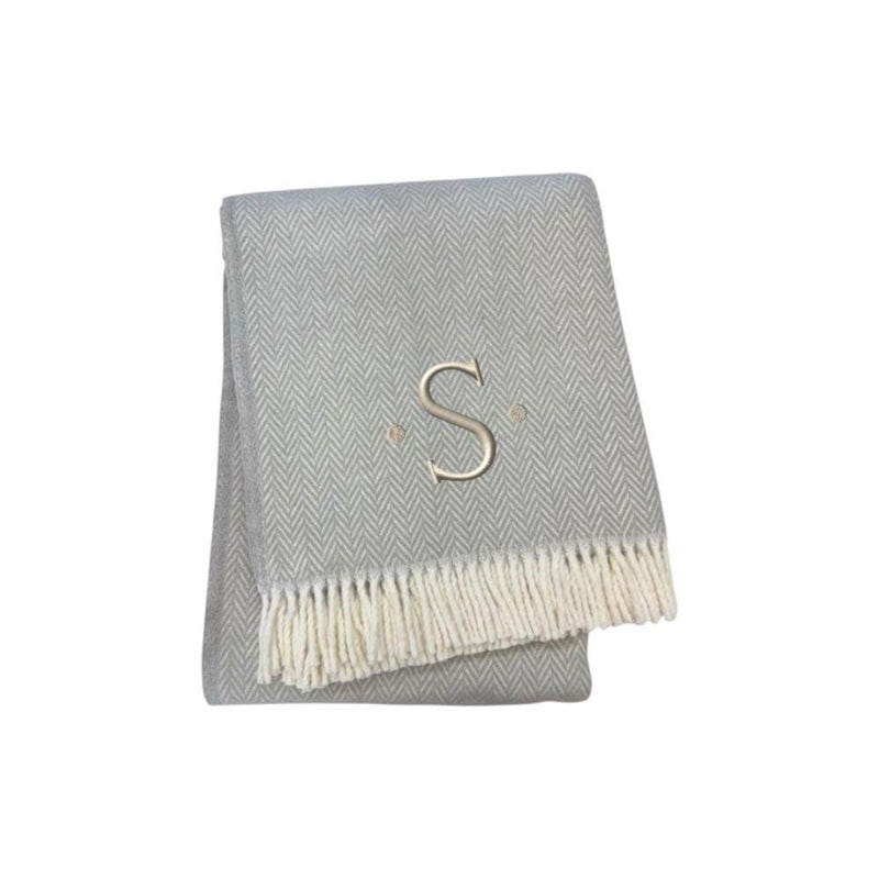 55" X 70" Gray And White Herringbone Cotton Blend A Initial Throw Blanket with Tassels And Embroidery