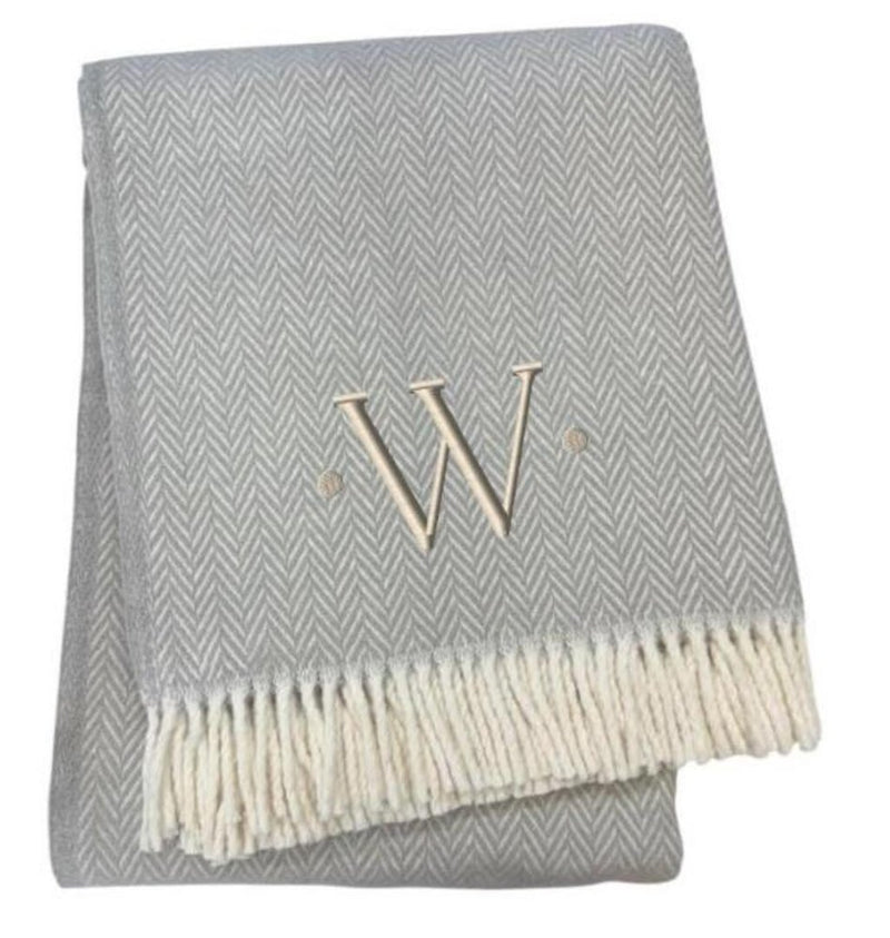 55" X 70" Gray And White Herringbone Cotton Blend A Initial Throw Blanket with Tassels And Embroidery