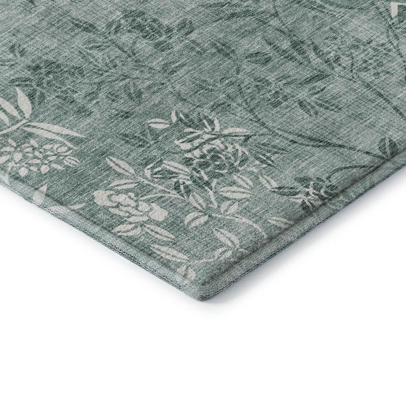 5' X 8' Sage And Ivory Floral Washable Area Rug With UV Protection