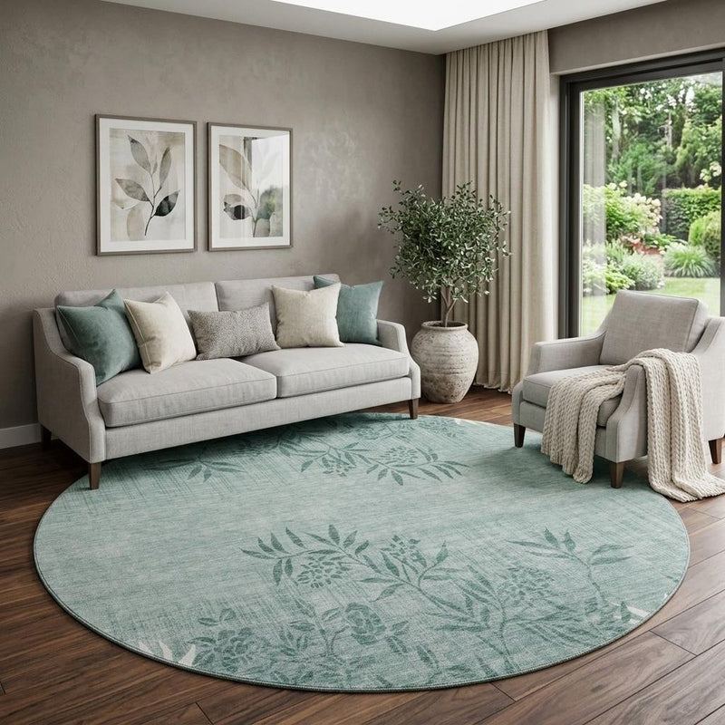 5' X 8' Sage And Ivory Floral Washable Area Rug With UV Protection