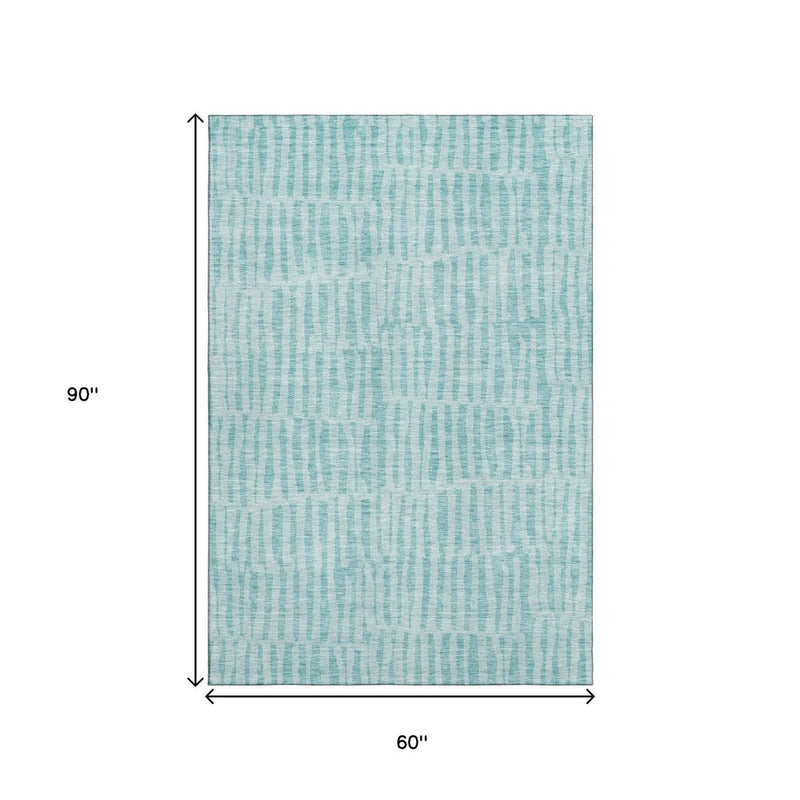 5' X 8' Teal And Ivory Striped Washable Area Rug With UV Protection