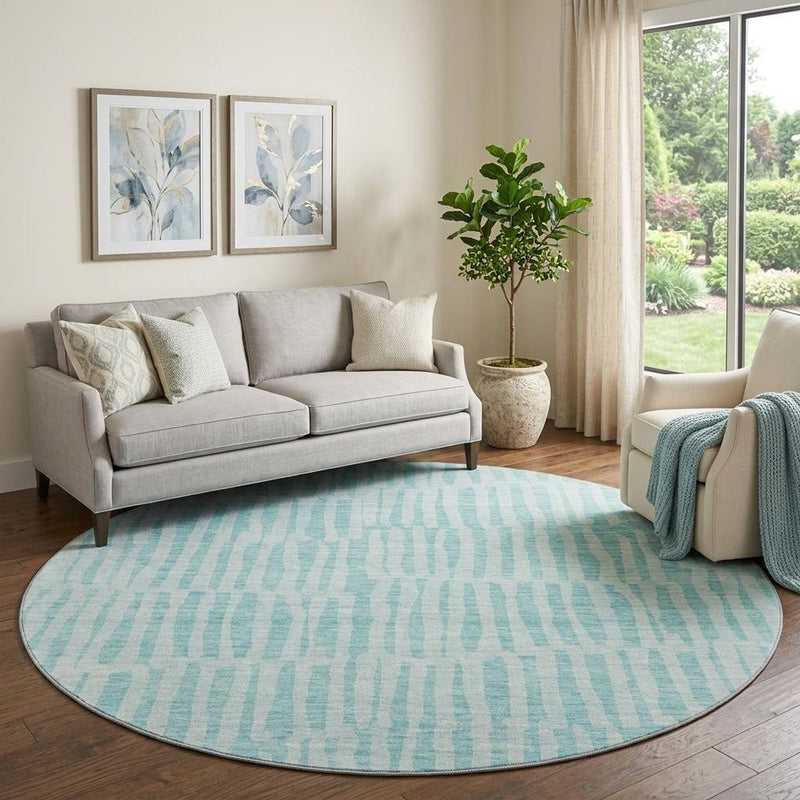 5' X 8' Teal And Ivory Striped Washable Area Rug With UV Protection