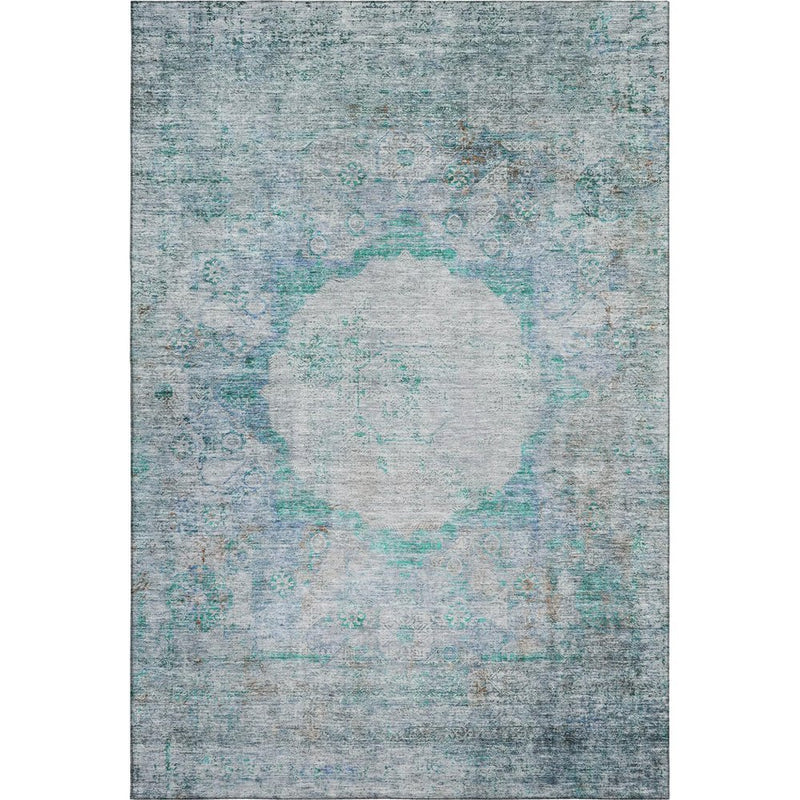 8' Teal And Gray Oriental Washable Round Rug With UV Protection