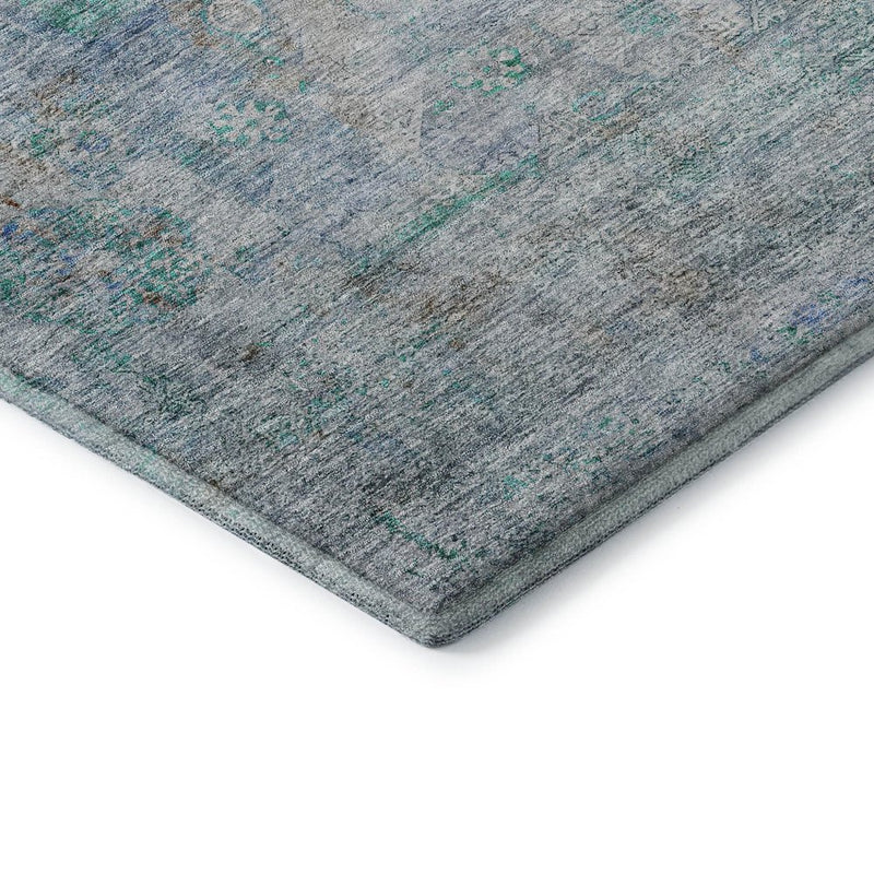 8' Teal And Gray Oriental Washable Round Rug With UV Protection