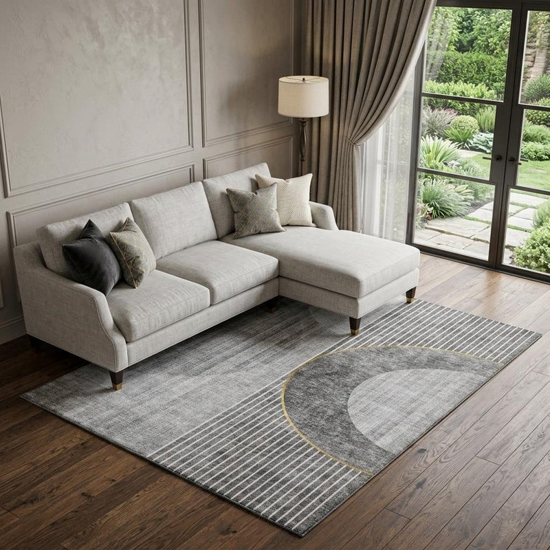 5' X 8' Charcoal Gold And Silver Geometric Washable Area Rug With UV Protection