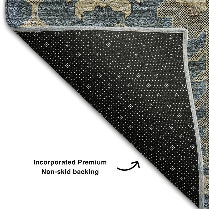 5' X 8' Navy Blue Beige And Charcoal Oriental Washable Area Rug With UV Protection