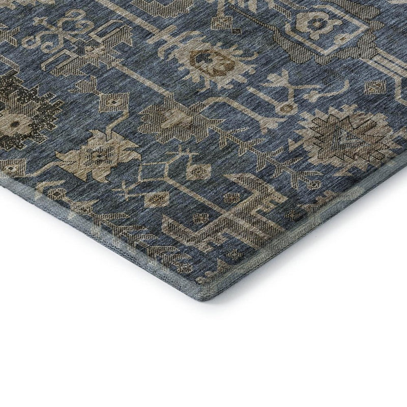5' X 8' Navy Blue Beige And Charcoal Oriental Washable Area Rug With UV Protection