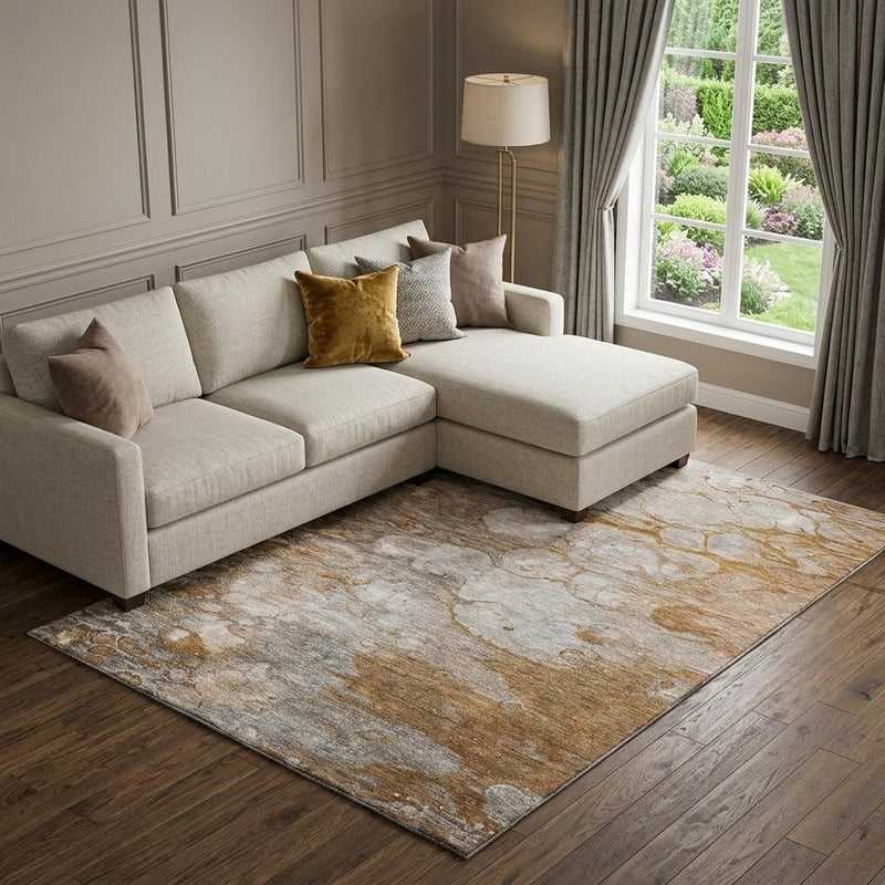 5' X 8' Terra Cotta Ivory And Gray Abstract Washable Area Rug With UV Protection