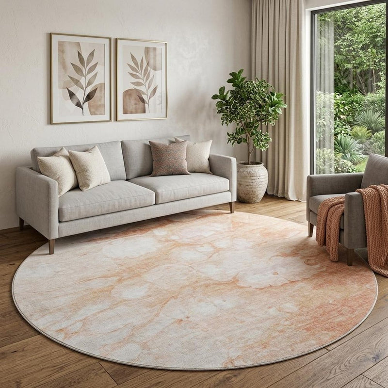 8' Coral And Ivory Abstract Washable Round Rug With UV Protection