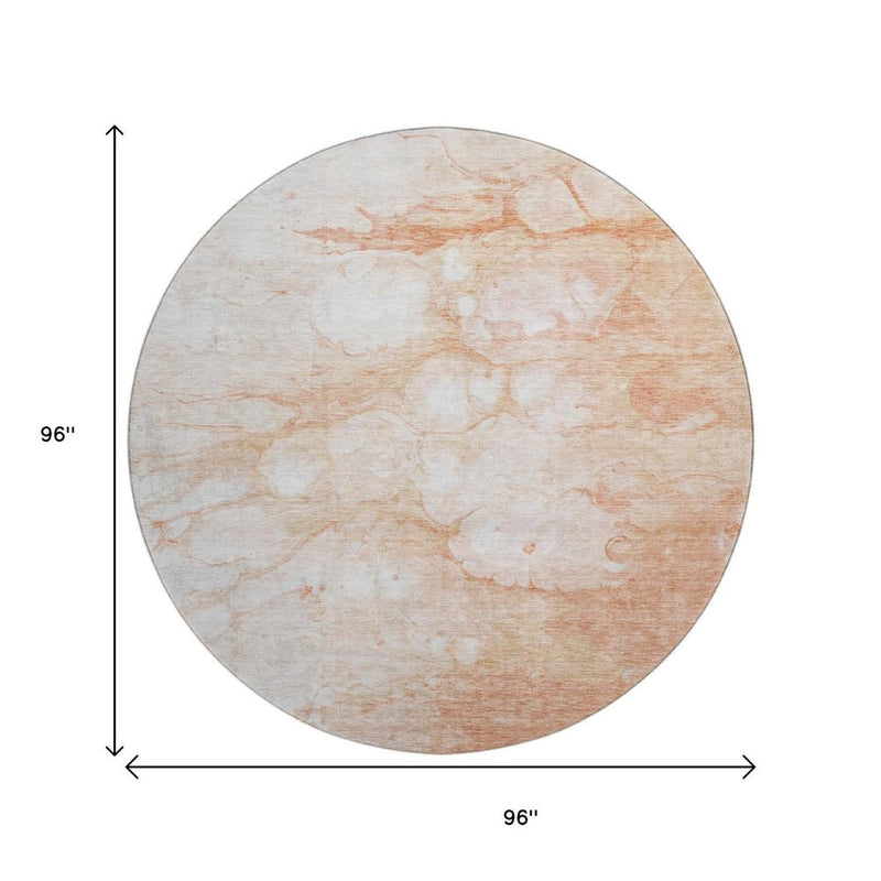 8' Coral And Ivory Abstract Washable Round Rug With UV Protection