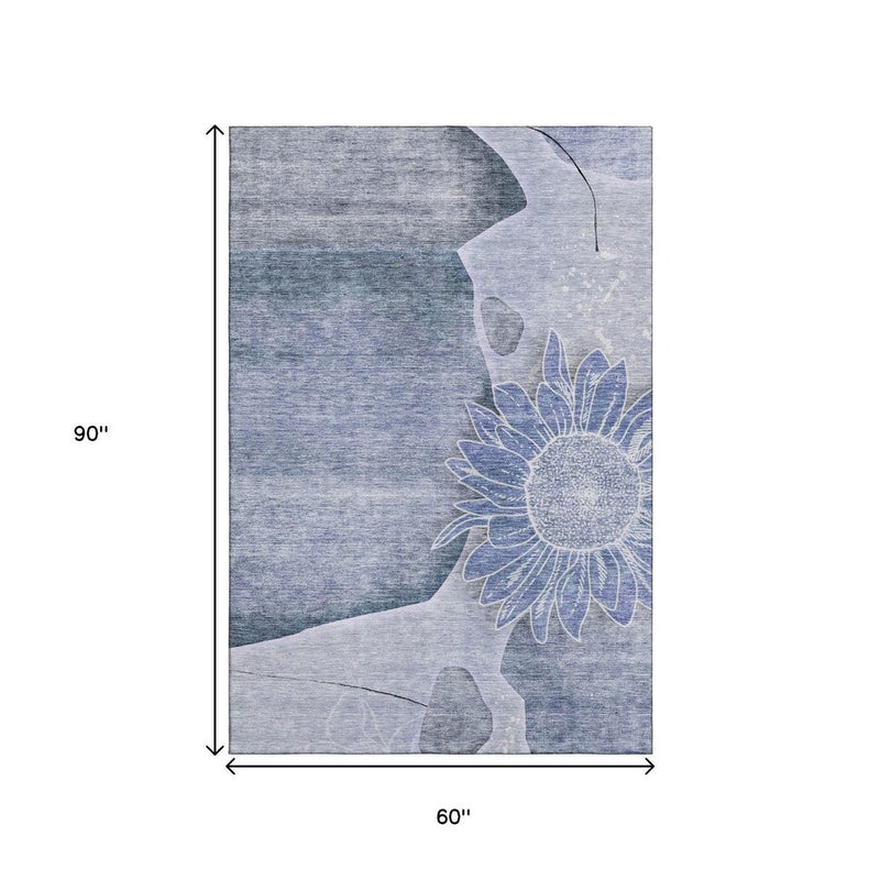 5' X 8' Blue And Ivory Floral Washable Area Rug With UV Protection